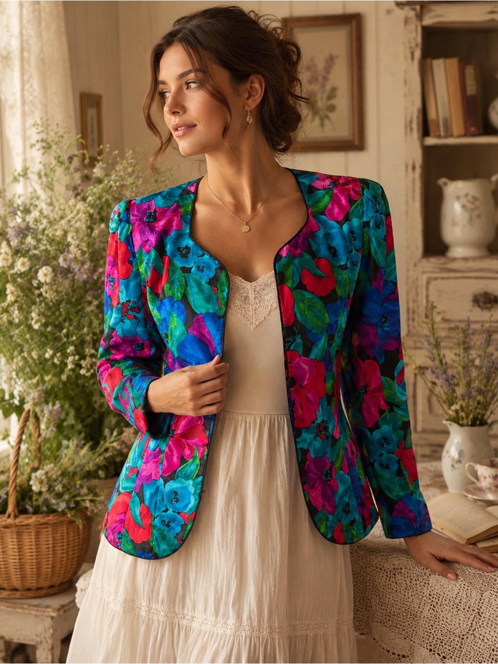 Adrianna Papell 100% Silk Floral Blazer Jacket Vintage 80s 90s Size 8 W345